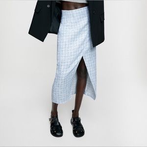 Zara Light Blue Tweed Plaid Midi Pencil Skirt